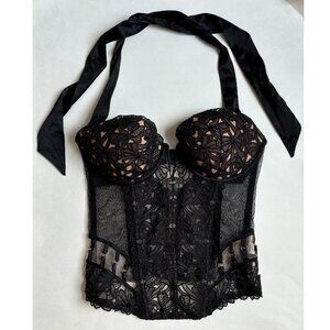 Victora's Secret Corset Top Black Lace Sheer Sequin Halter Ribbon Going Out 36D